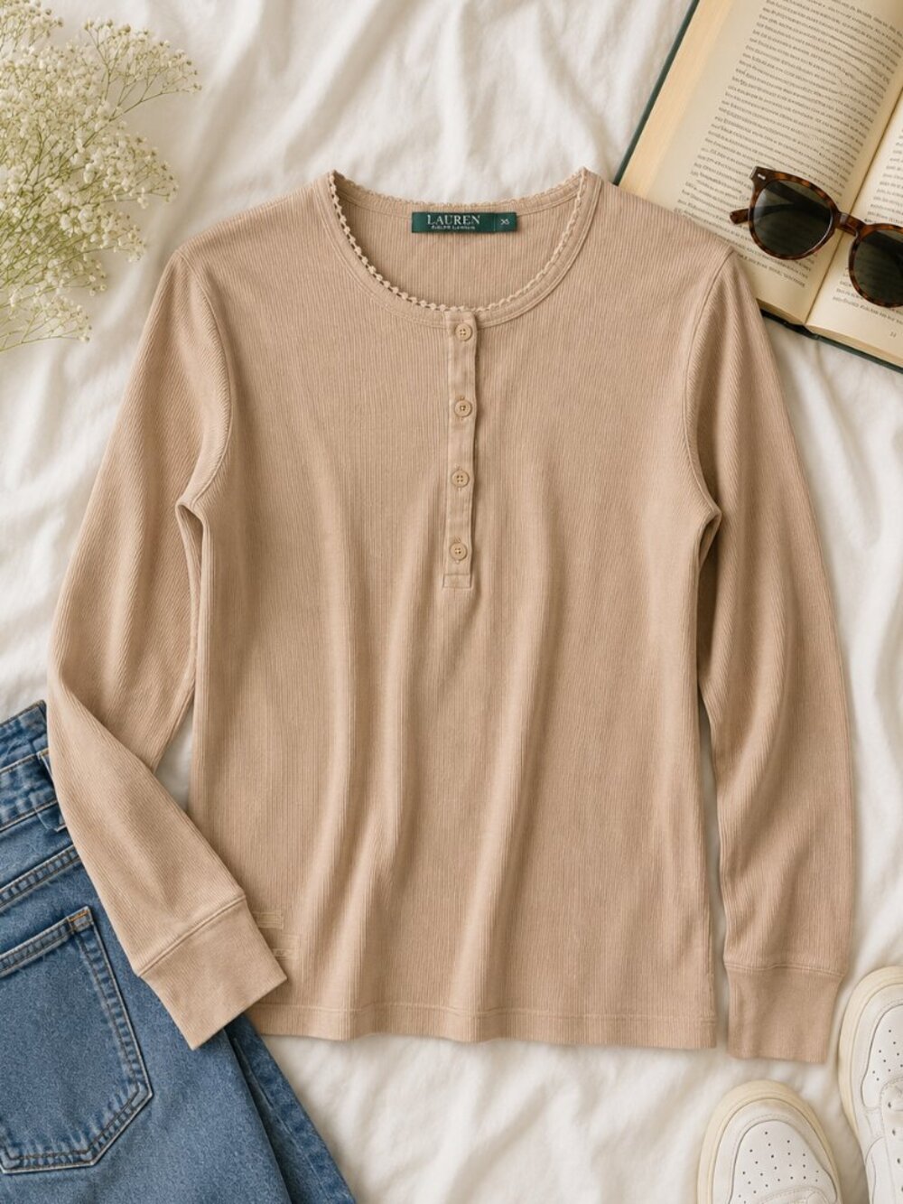 Lauren Ralph Lauren XXL Beige Waffle Knit Henley Top Long Sleeve Casual Thermal